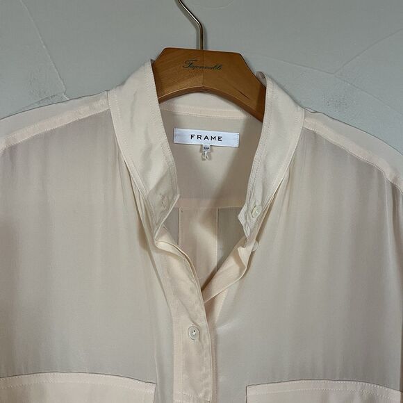 Frame 100% Silk Long Sleeve Button Down Blouse, Patch Pockets Ivory Size Small - Picture 14 of 15